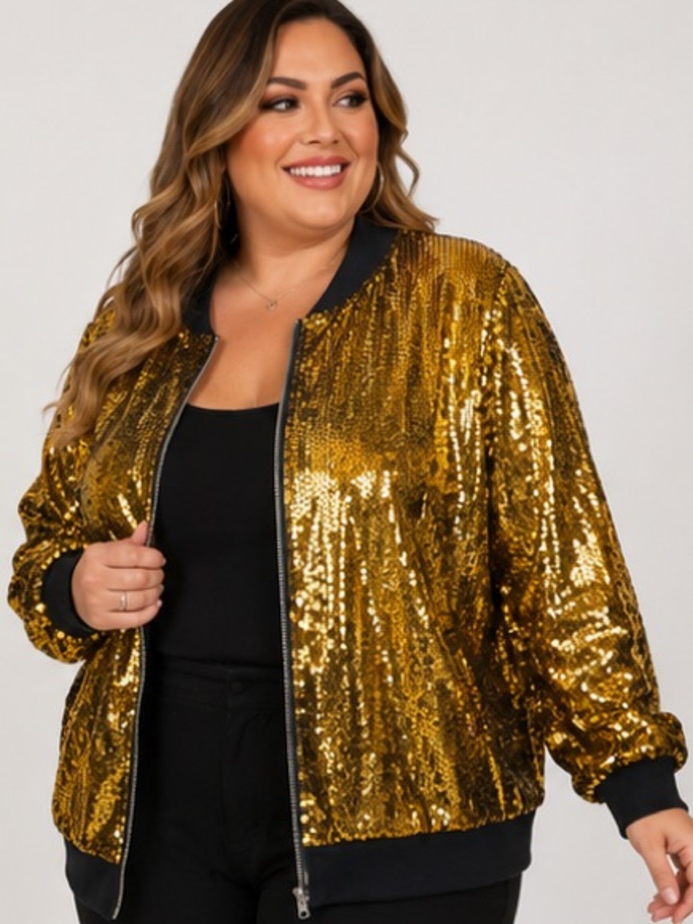 NWT Agnes Orinda Plus Size Metallic Gold Sequin Bomber Jacket 4X